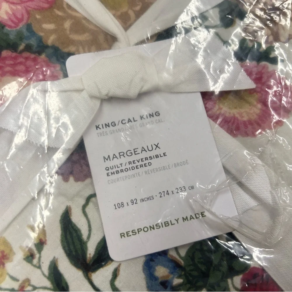 Pottery Barn Margeaux Embroidered Floral Reversible Quilt Bedding King / Cal NWT